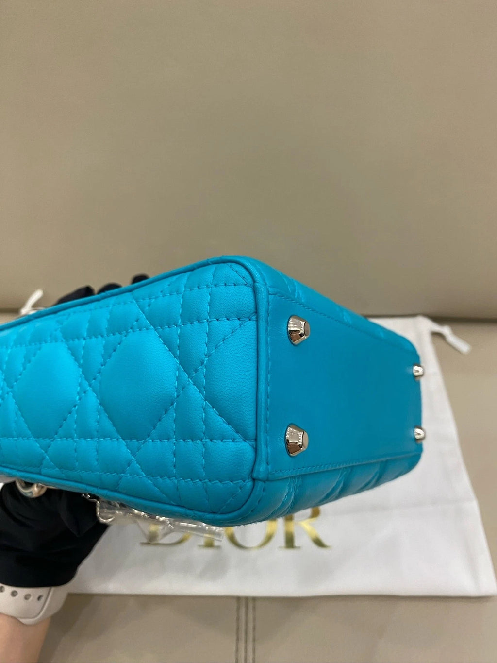 Dior Lady Dior Leather Blue Shoulder Bag Excellent