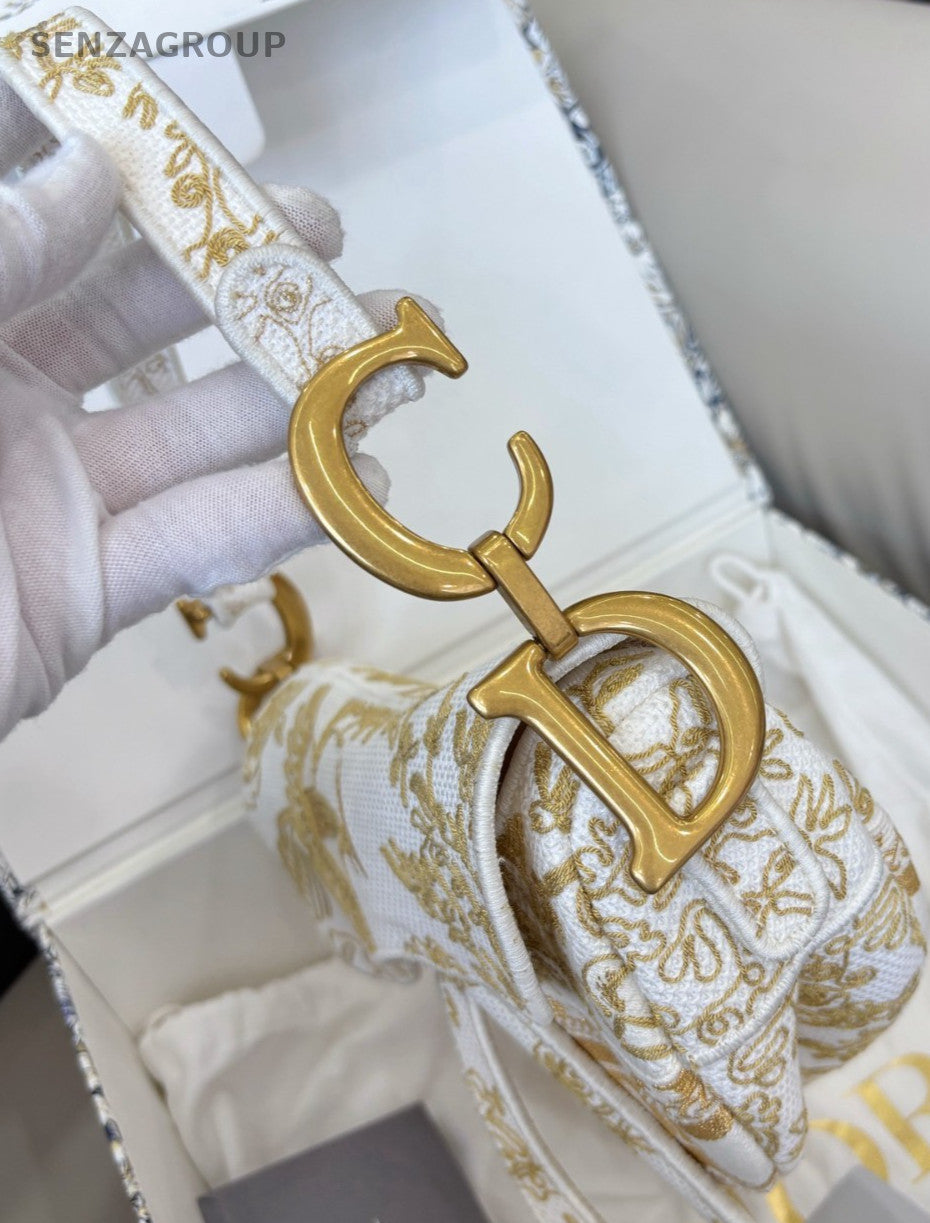 Christian Dior D-Horse Shoe MM Embroidered Shoulder Bag Gold Almost Brand New