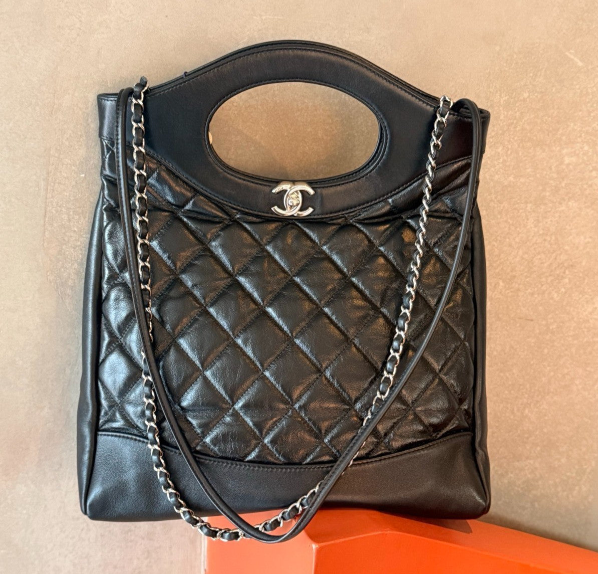 Chanel 31Bag PM Chain Shoulder Bag Top Handle Black Silver Diamond Women Classic