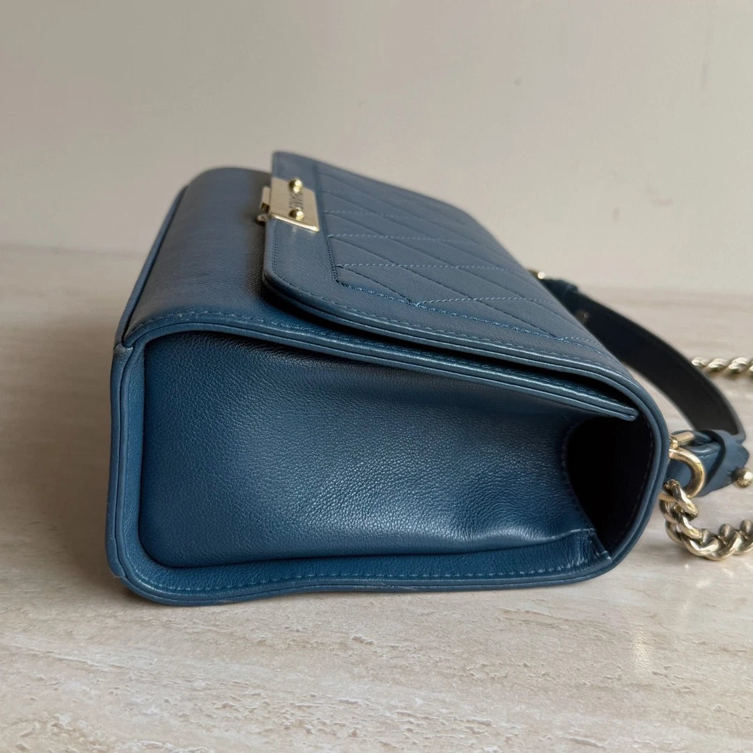 Chanel Diamond Calfskin Leather 2Way Handbag Crossbody Navy Gold Hardware