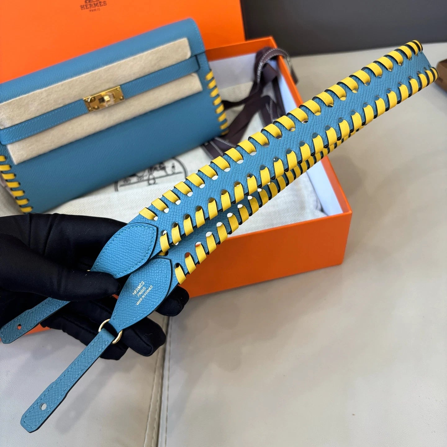 New Hermes Kelly To Go Tressage 2Way Blue Clutch Crossbody Gold Hardware