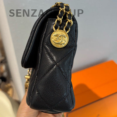 Chanel Coin Square Mini Flap Bag Black Gold Chain Shoulder Crossbody