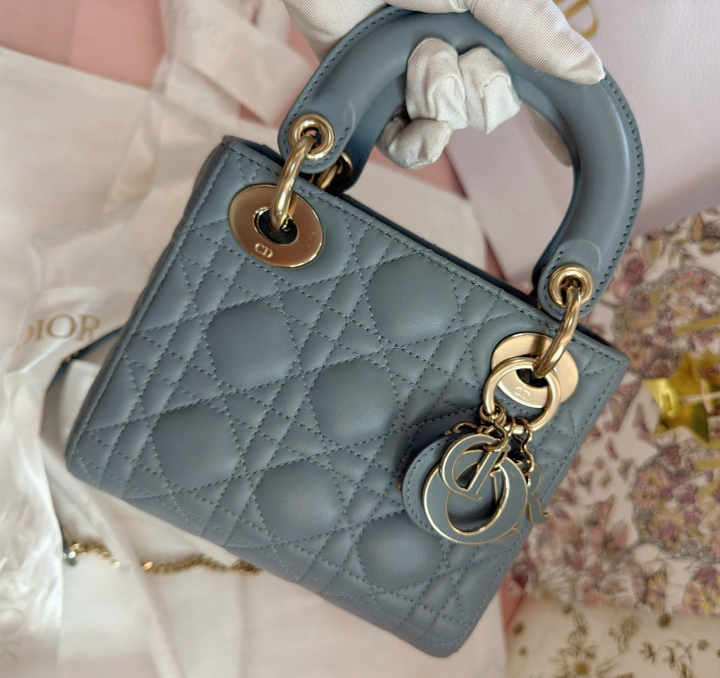 Christian Dior Lady Dior Chain Crossbody Top Handle Bag Blue Gold Women Classic