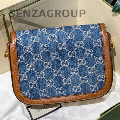 Gucci 1955 Mini Horsebit Denim Saddle Bag Blue Brown Women's Shoulder Crossbody