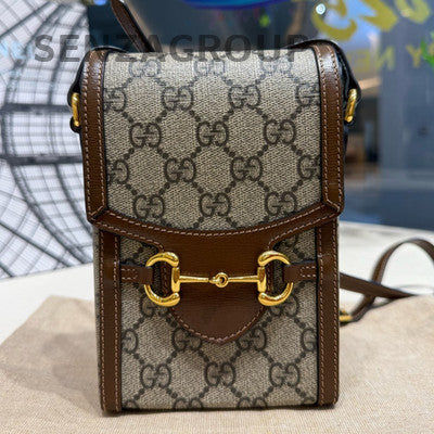 Gucci 1955 Mini Phone Crossbody Bag Brown Gold Buckle Classic Women