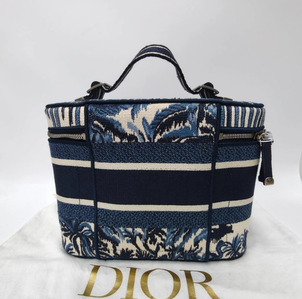 Christian Dior Travel Vanity Case Canvas Top Handle Bag Blue Silver Women