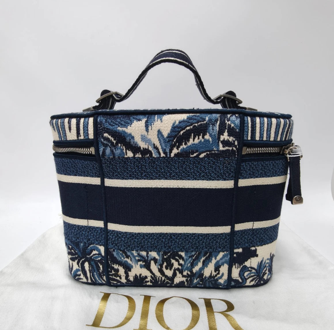 Christian Dior Travel Vanity Case Canvas Top Handle Bag Blue Silver Women