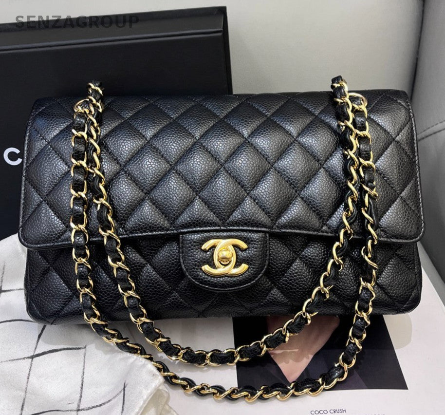 Chanel Classic Flap MM Calfskin Chain Shoulder Bag Crossbody Black Gold Women
