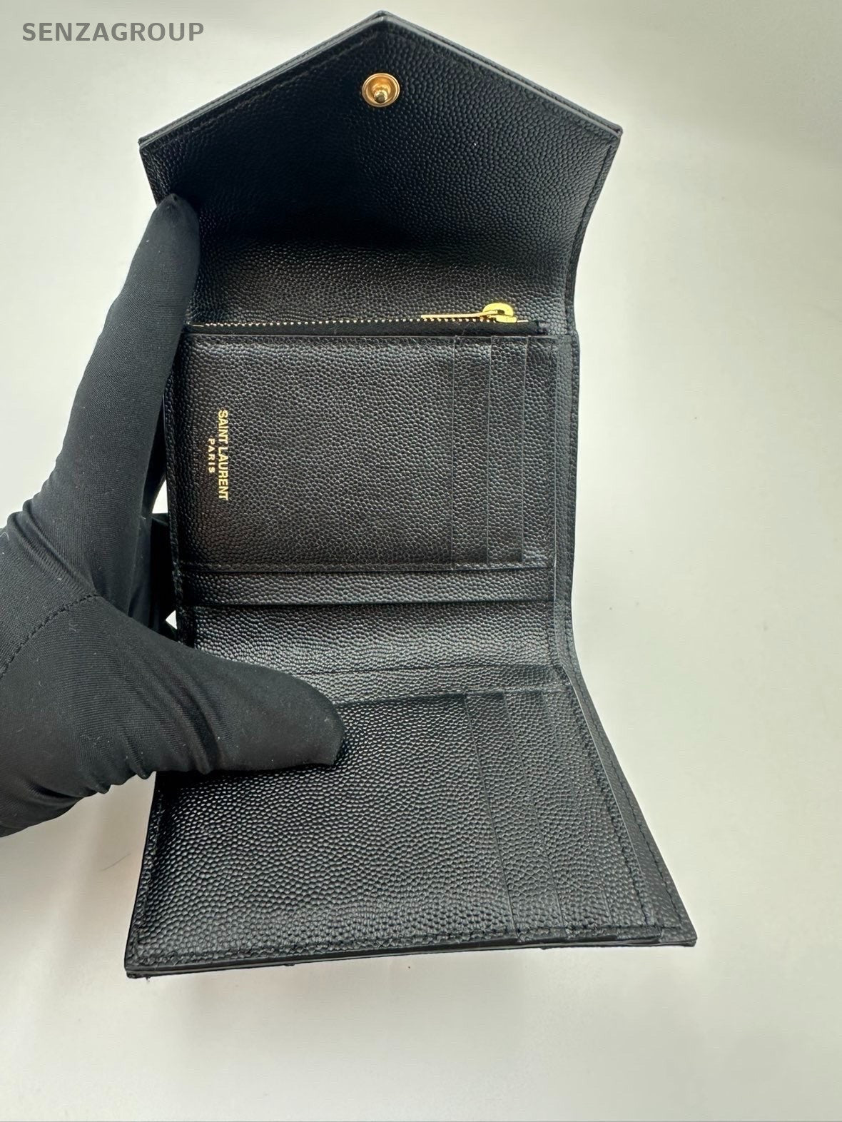 Saint Laurent Cassandre PM Calfskin Wallet Black Gold Used Women Classic