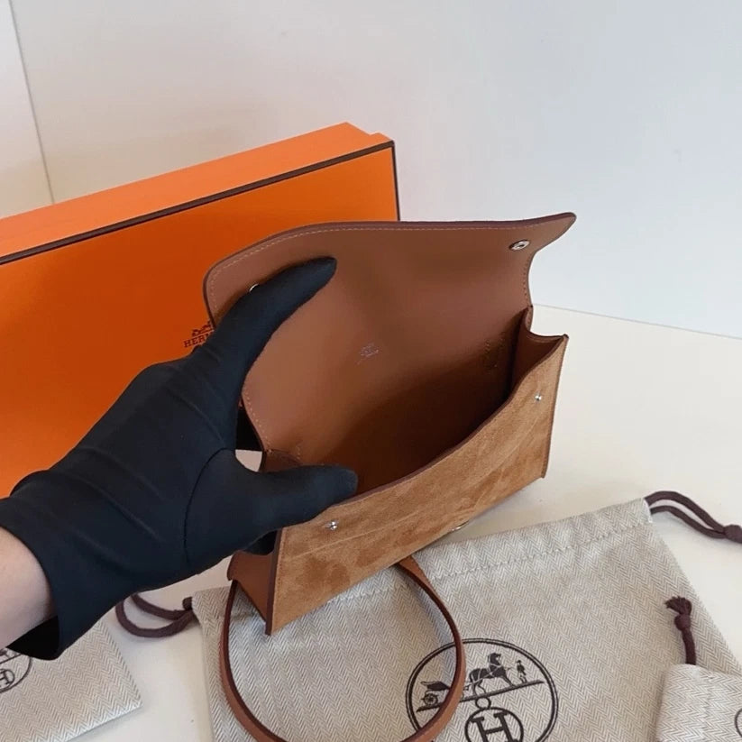 Hermes Snap Wallet Suede Crossbody Brown Silver Used Women Classic