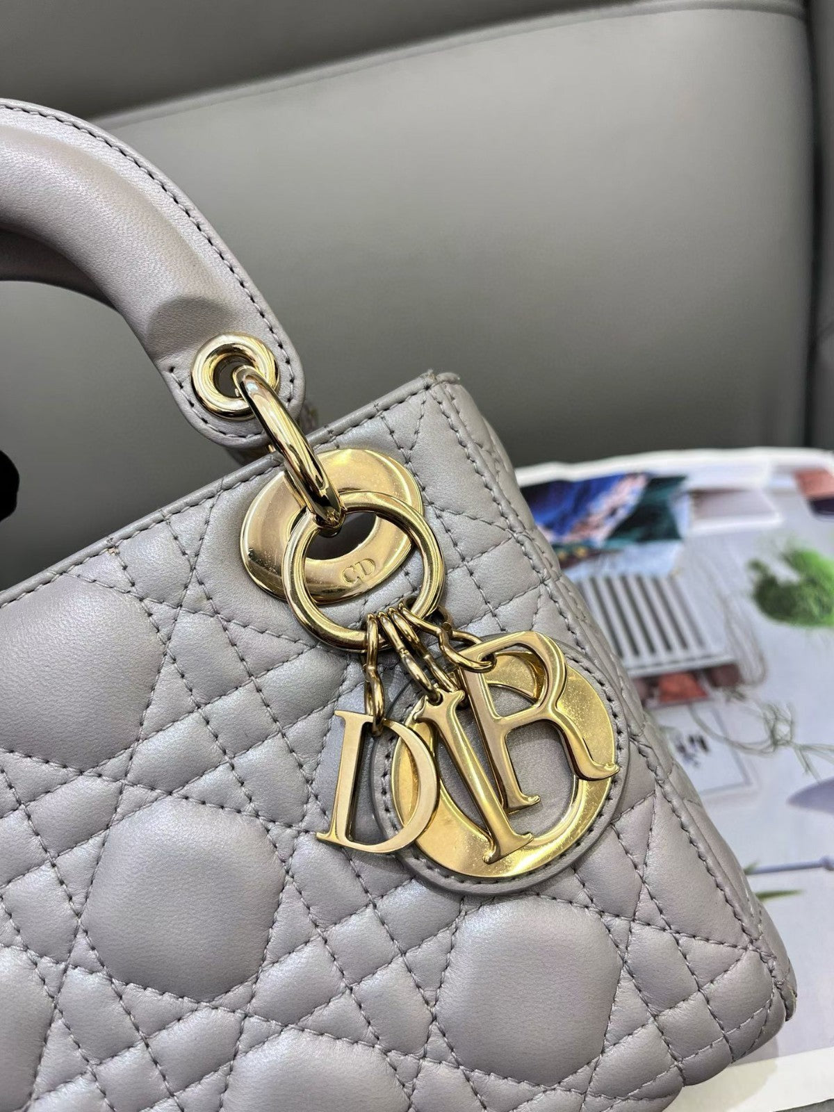 Christian Dior Lady Top Handle 2way Chain Shoulder Handbag Grey Women