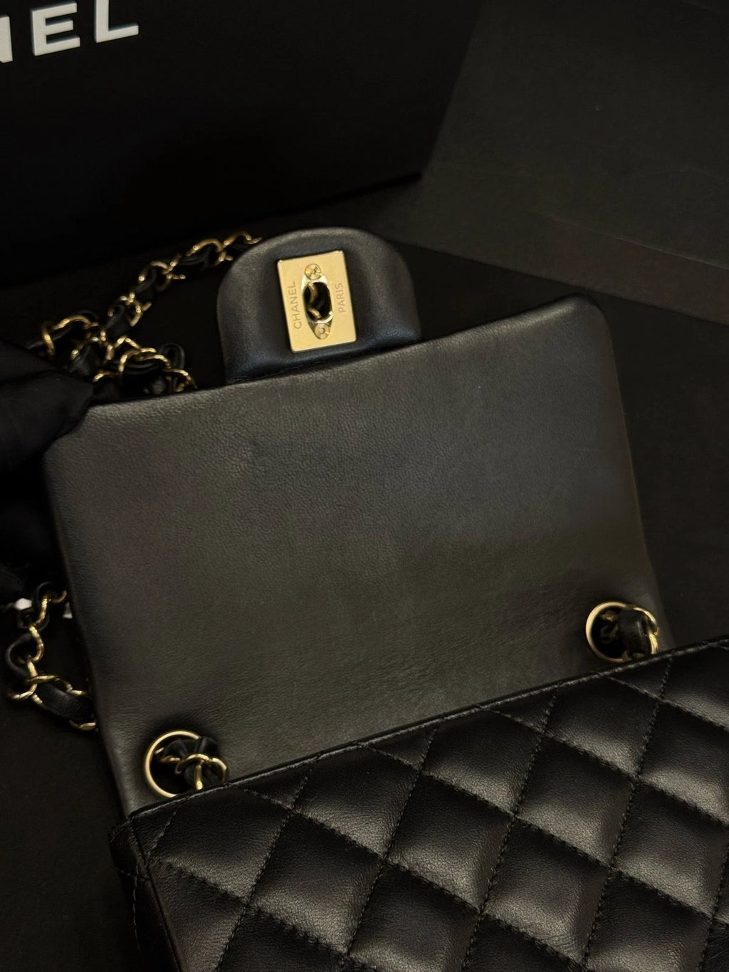 CHANEL Black Gold Lambskin Square Mini Chain Bag For Women