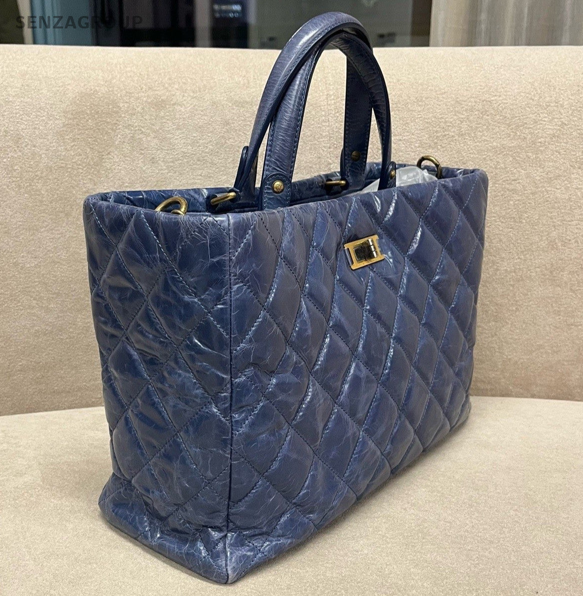 Chanel Diamond Tote Chain Shoulder Bag Top Handle Bag Blue Gold Women Classic