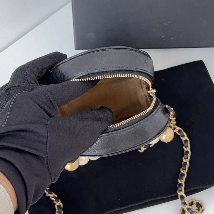 Excellent Chanel Pearl Round Bag Gold Chain Black Shoulder Bag Crossbody