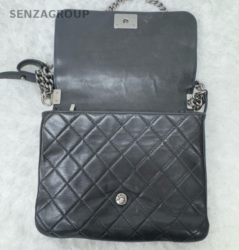 Chanel Leboy Chain Diamond Shoulder Bag Crossbody Black Silver Women Classic