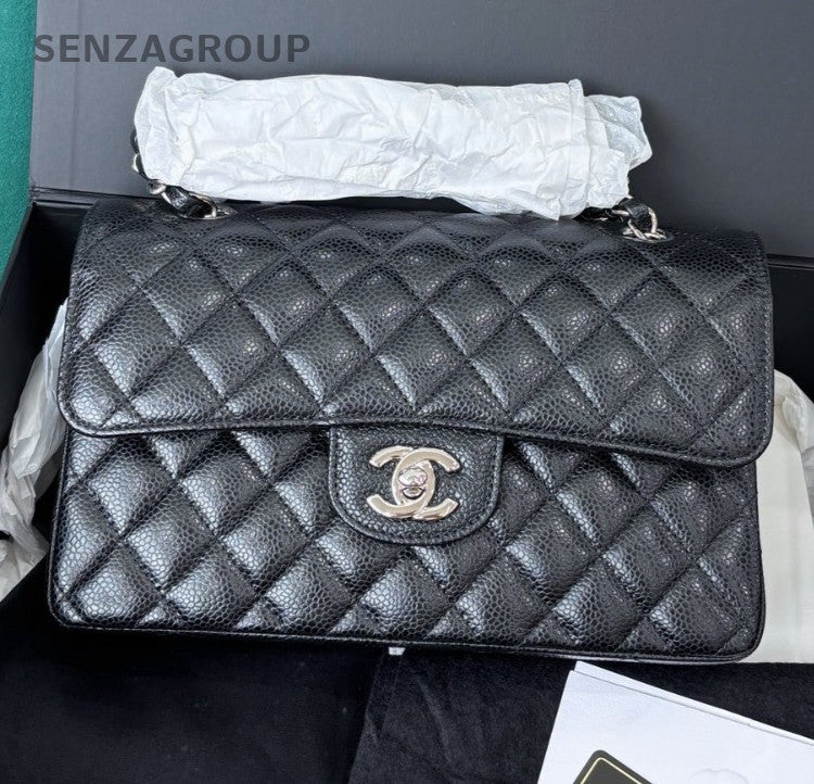 Chanel Classic Flap PM Calfskin Chain Shoulder Bag Black Silver Women Fashion