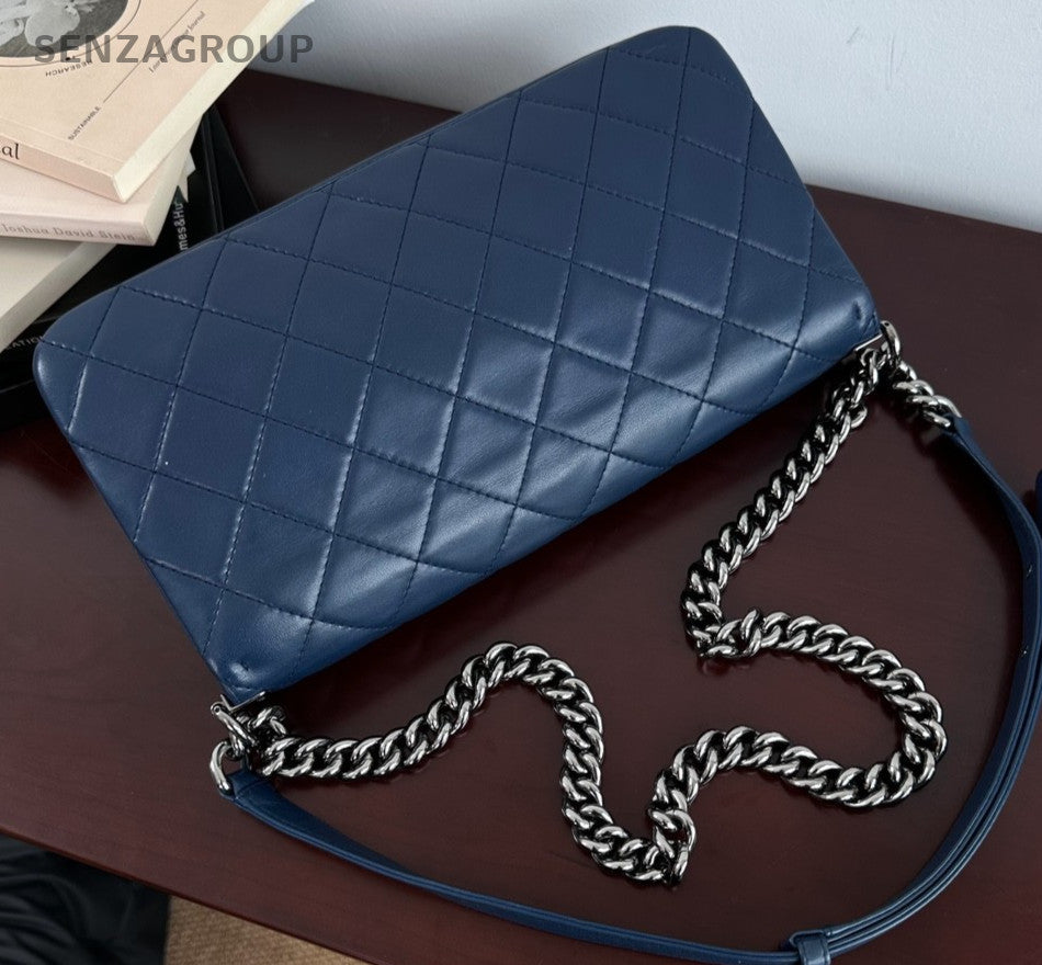 CHANEL Leboy Calfskin Chain Shoulder bag Crossbody Women Blue Silver