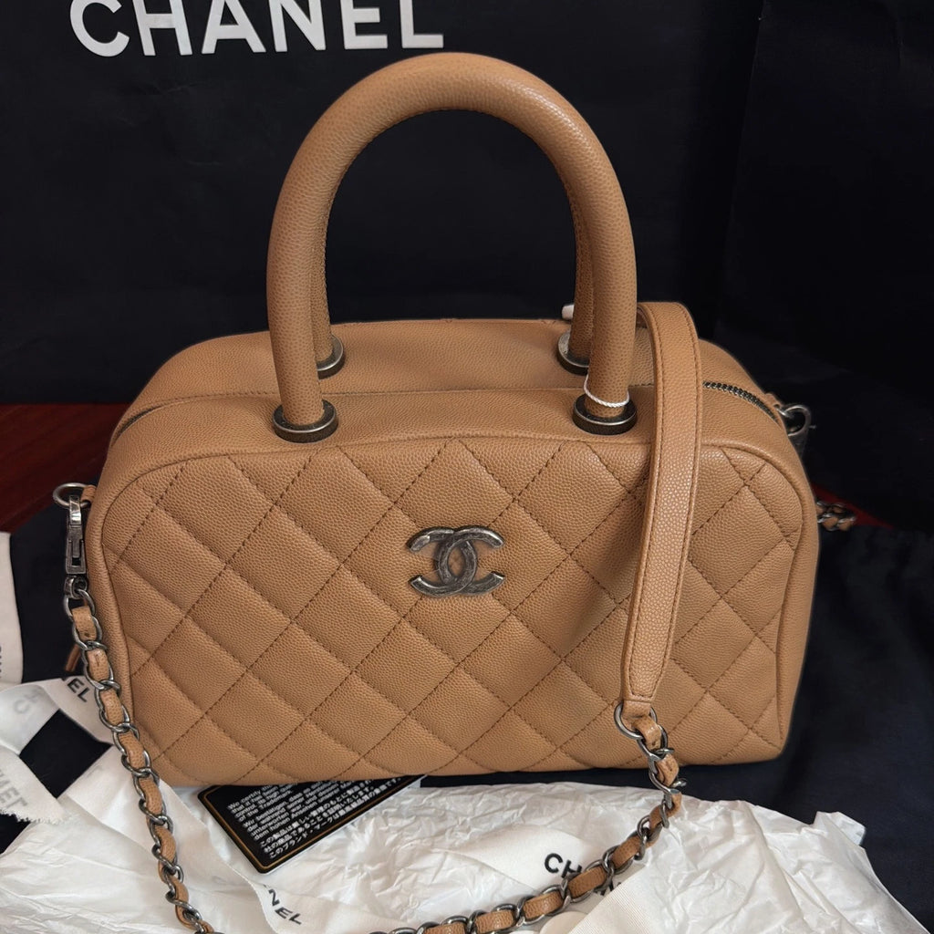 Chanel Calfskin Chain Top Handle Crossbody Beige Silver Women Classic Diamond