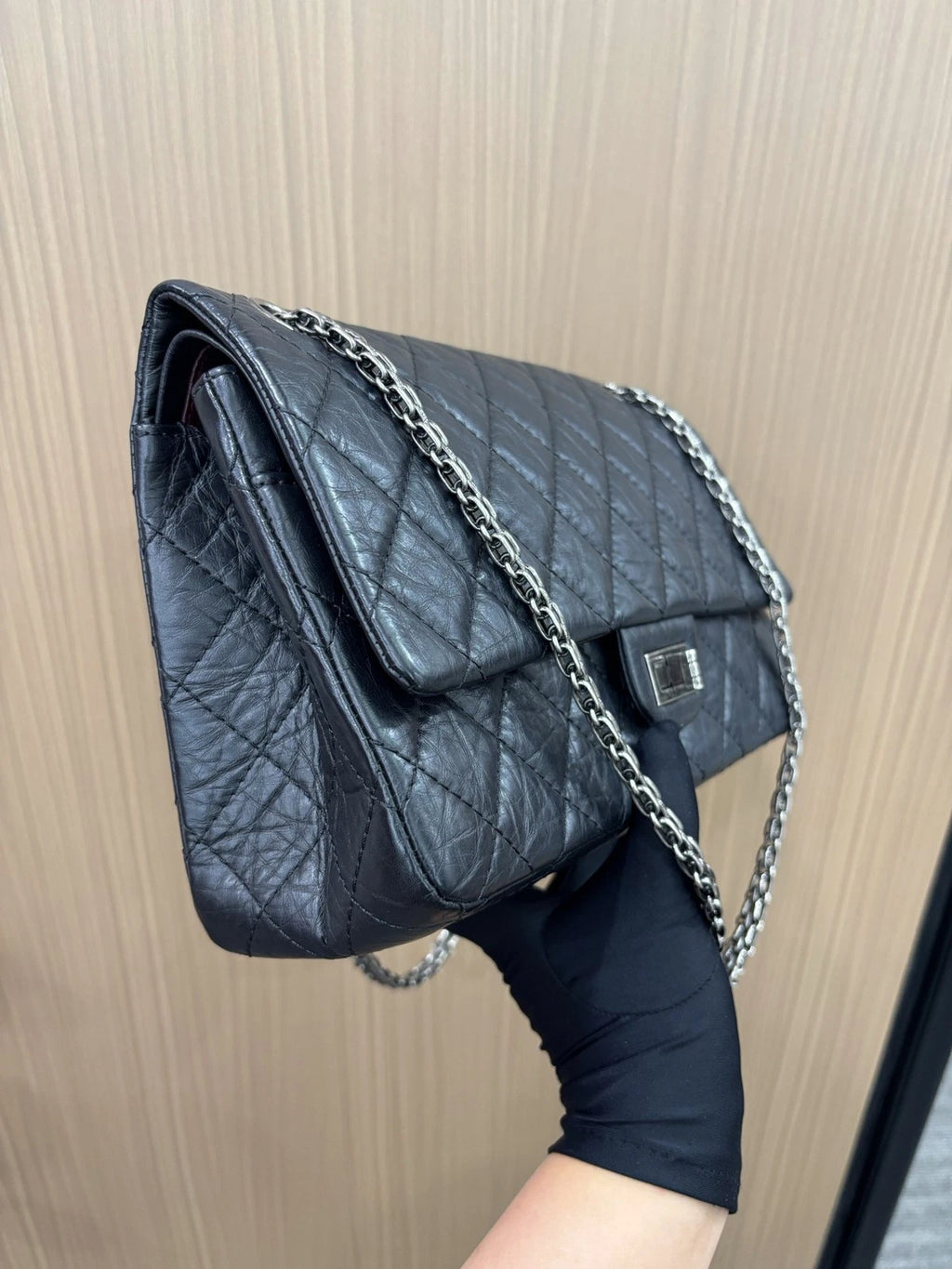 Chanel 2.55 MM Chain Shoulder Bag Crossbody Black Silver Women Classic
