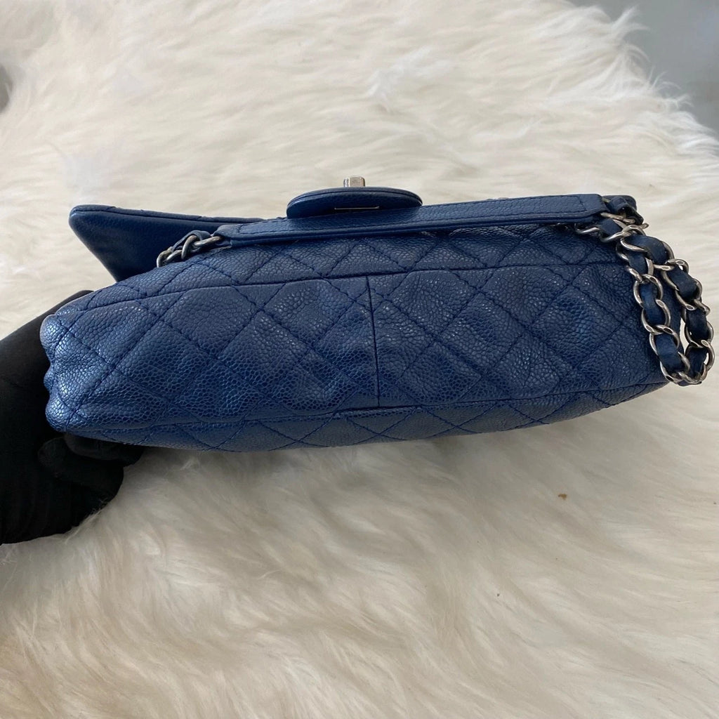 Chanel Classic Flap Chain Shoulder Crossbody Bag Blue Silver