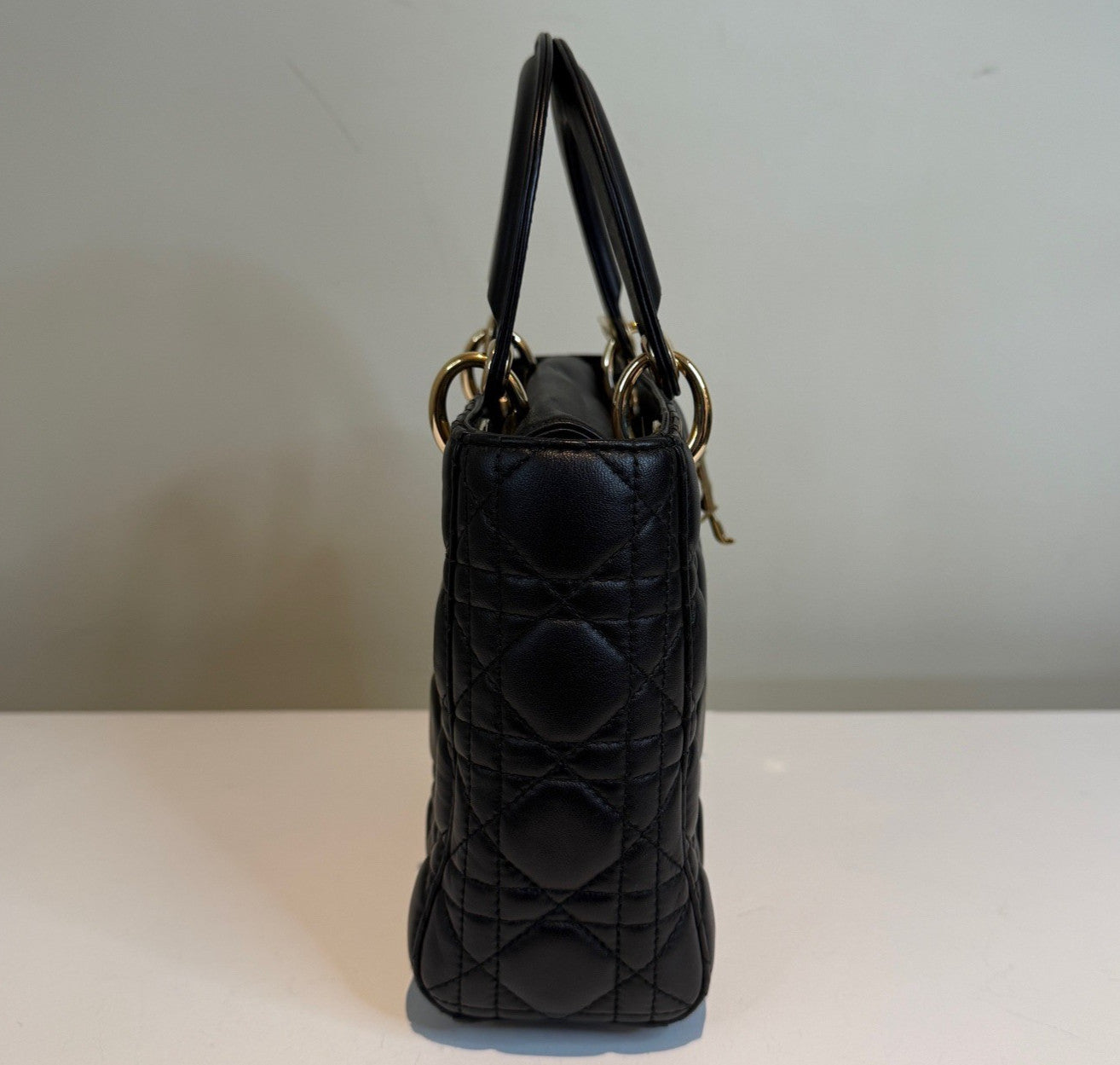 Christian Dior Lady Dior 2Way Top Handle Crossbody Black Gold Women Classic