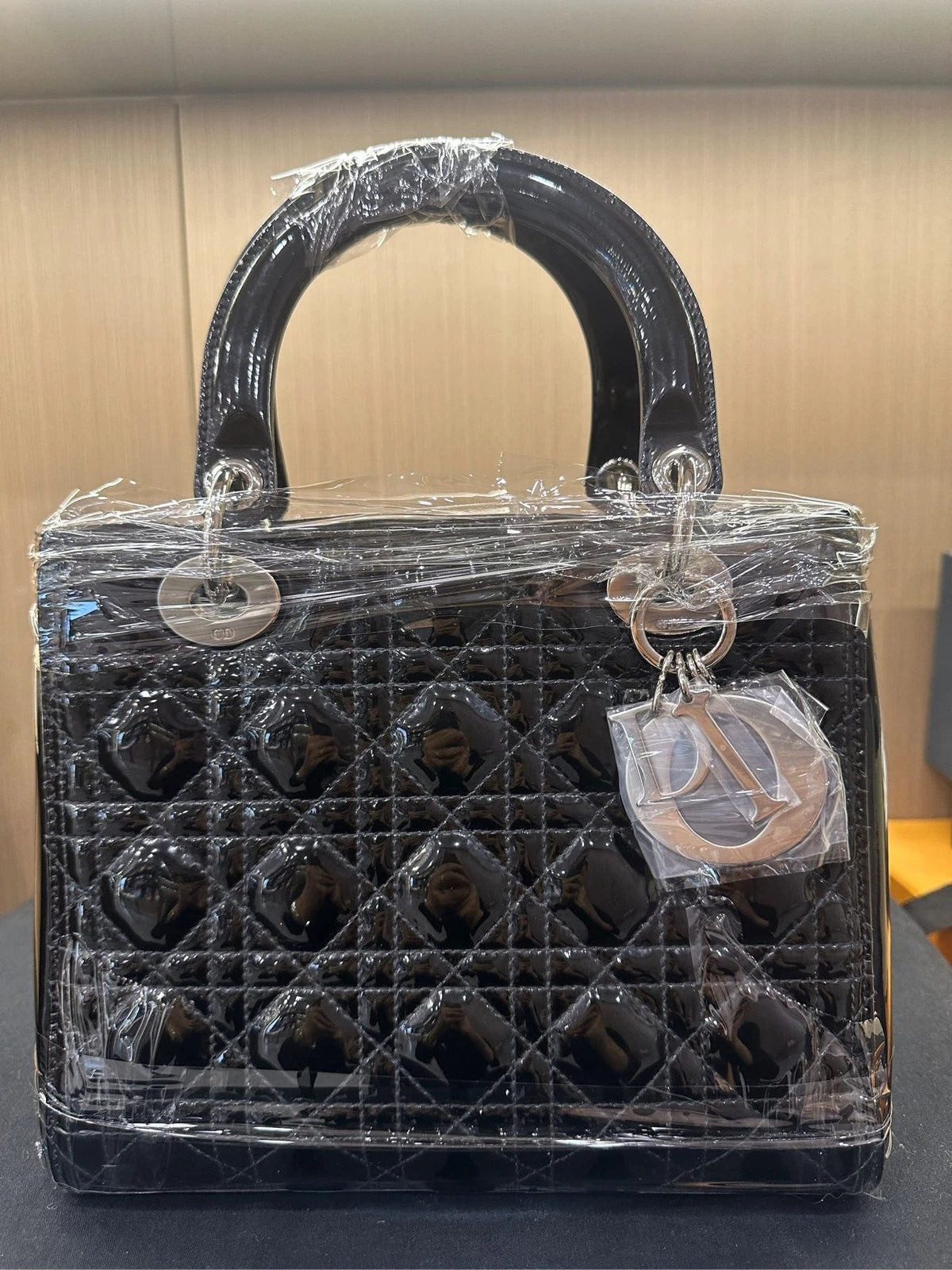 Dior Lady Dior 5 Grid Patent Leather Black Silver Handbag For Women