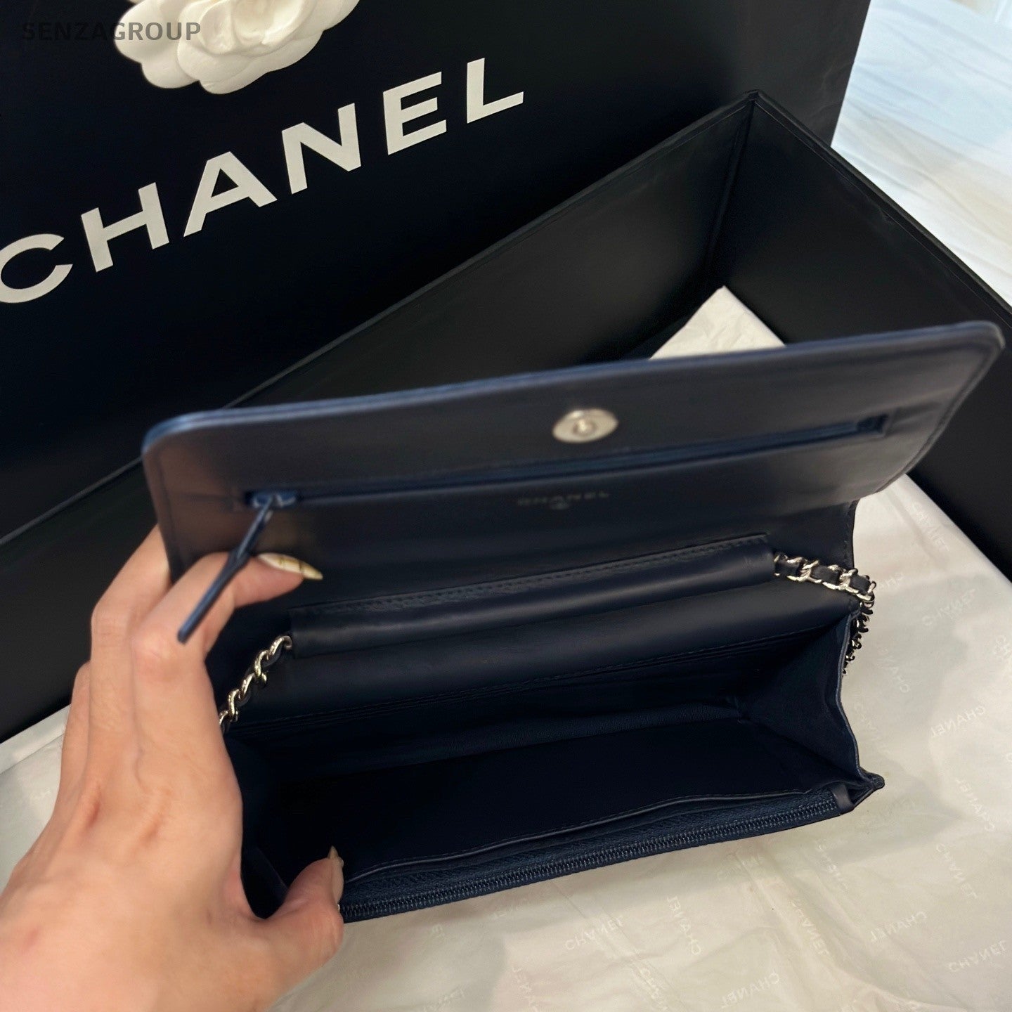 CHANEL Camellia Woc Lambskin Navy Blue Chain Shoulder bag Crossbody Women
