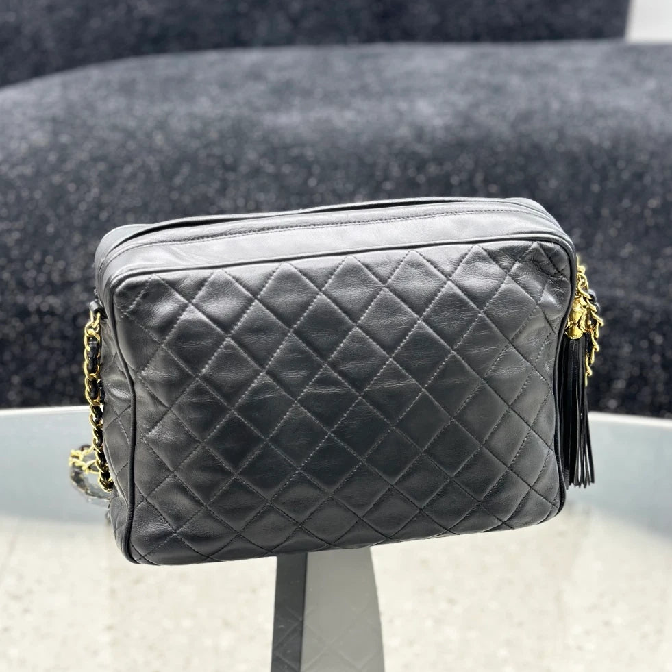 Chanel Vintage Tassel Lambskin Chain Shoulder Crossbody Bag Black Gold Women S
