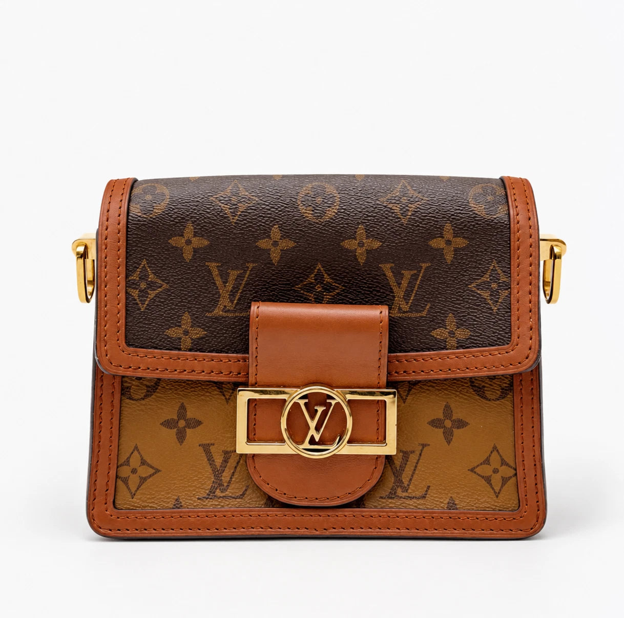 Louis Vuitton Dauphine PM Monogram Canvas Crossbody Brown Gold Excellent