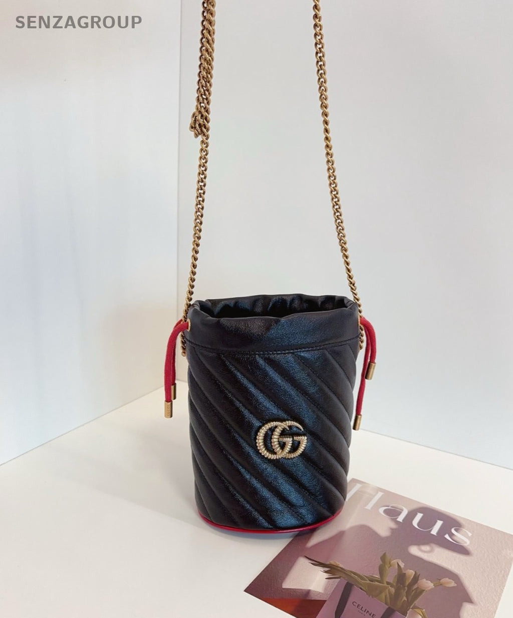 GUCCI Marmont mini Bucket Drawstring Chain Shoulder bag Crossbody Women Black