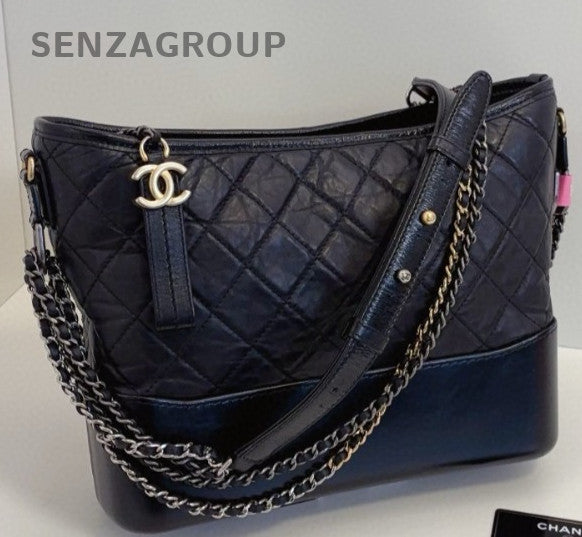 Chanel Gabrielle MM Diamond Chain Shoulder Bag Black Silver Women Classic