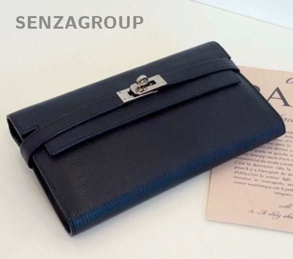 Hermes Kelly Long Wallet Clutch Lambskin Black Silver Used Women Classic