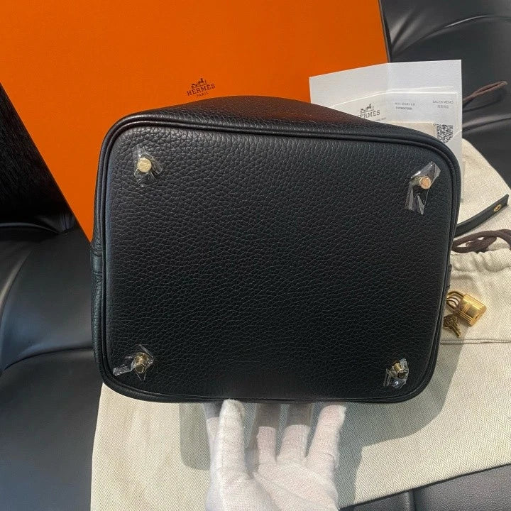 Hermes Picotin22 Togo Leather Top Handle Bag Black Gold Women Classic Fashion D