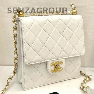 Chanel Classic Flap Vertical Pearl Chain Shoulder Bag White Gold