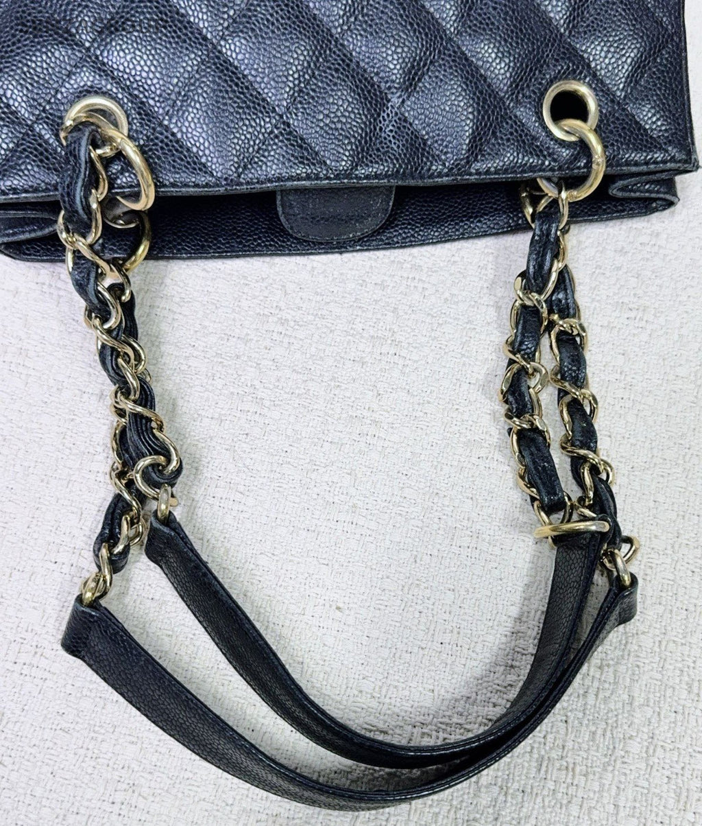 Chanel PST Calfskin Tote Chain Shoulder Bag Black Gold Women Classic Diamond