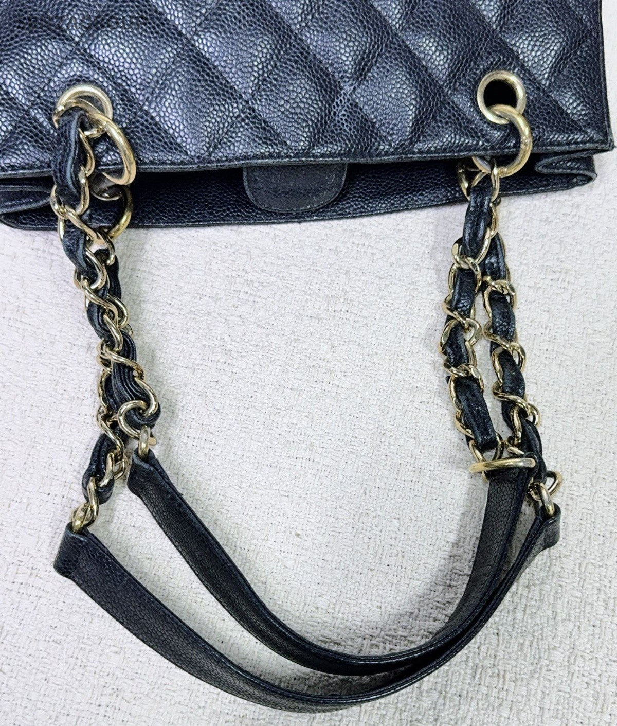 Chanel PST Calfskin Tote Chain Shoulder Bag Black Gold Women Classic Diamond
