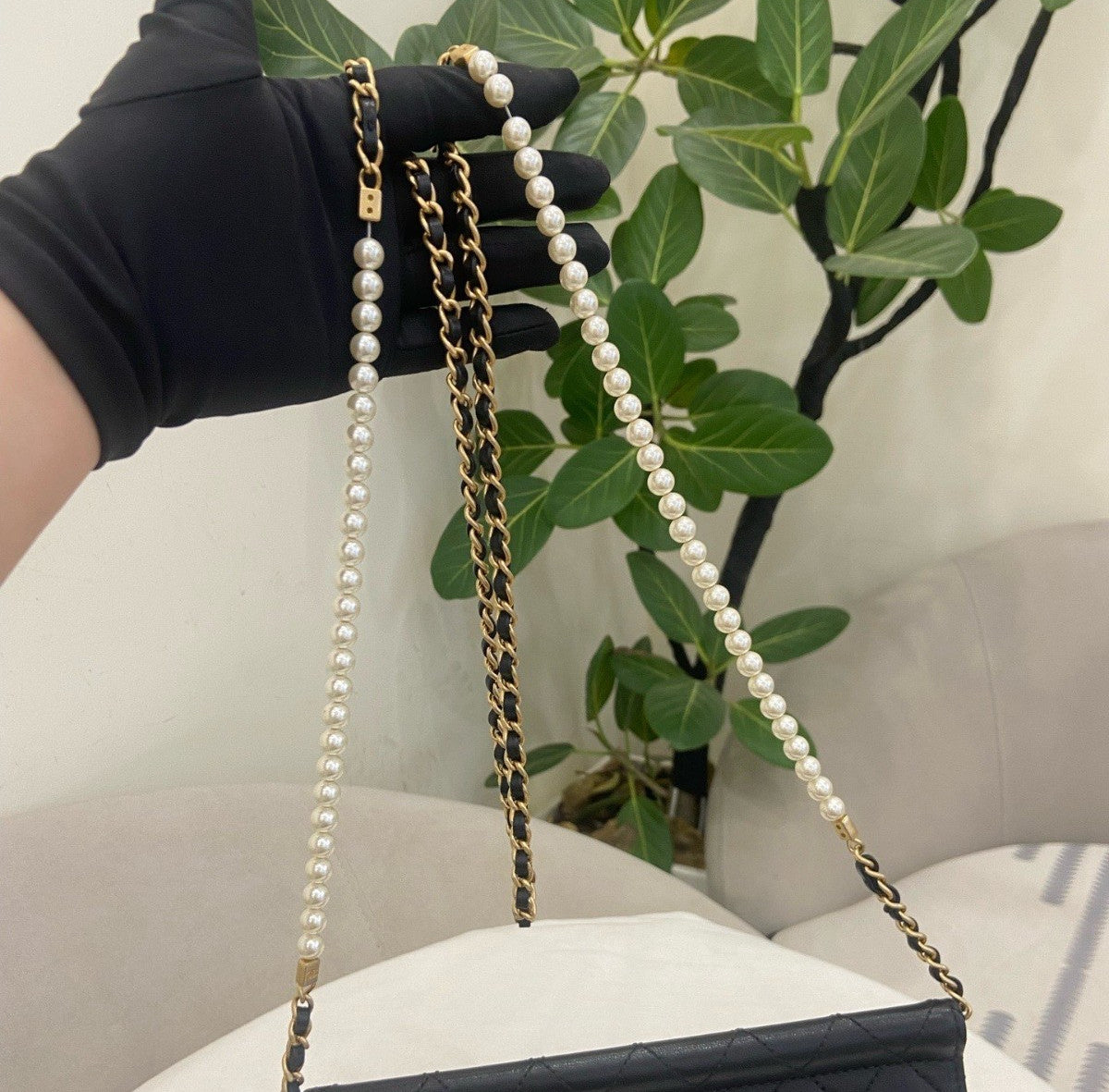 Chanel Classic Flap PM Lambskin Pearl Chain Shoulder Bag Black Gold Women