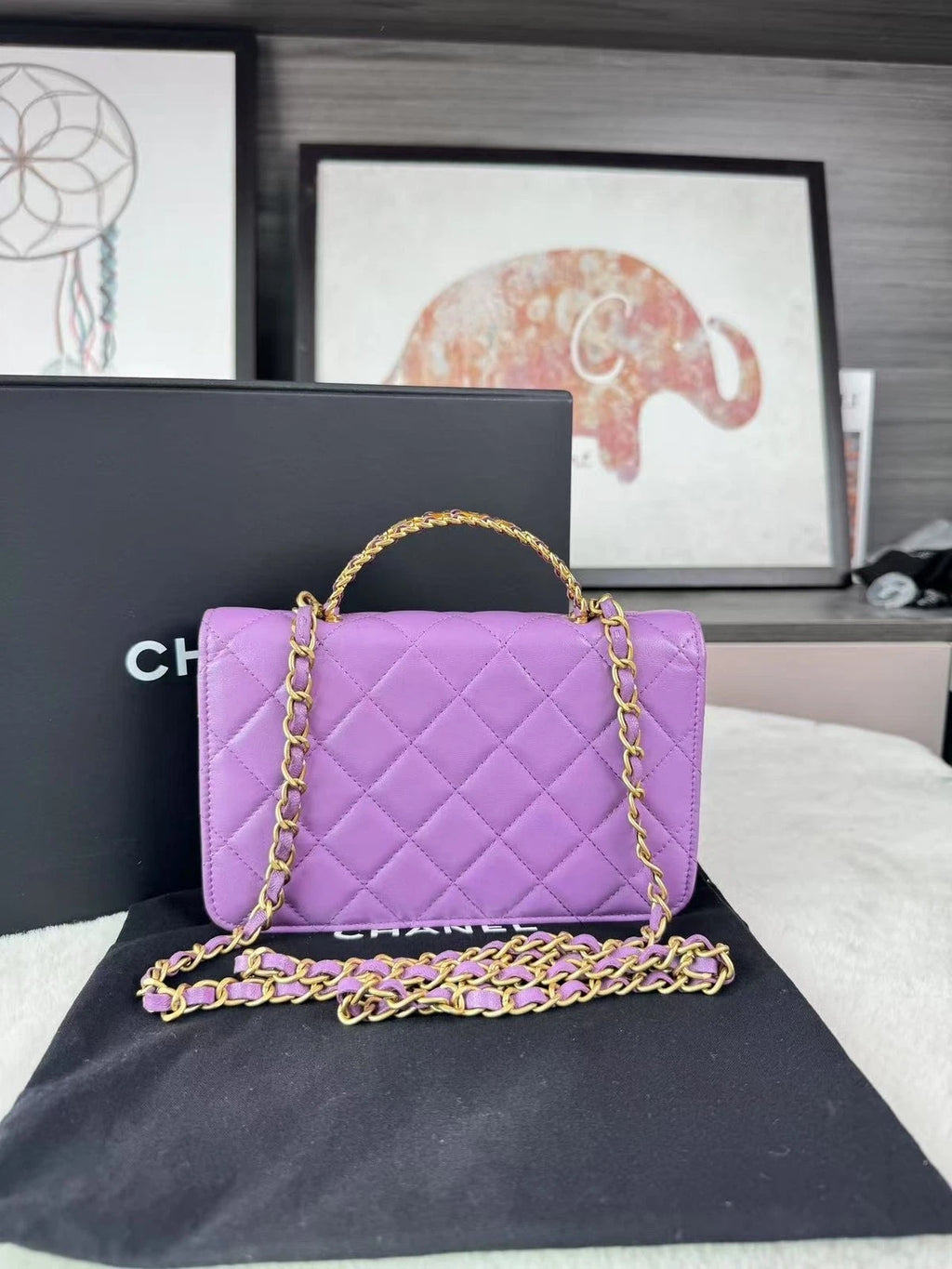 CHANEL Purple Leather Letter Handle WOC Crossbody Bag For Women