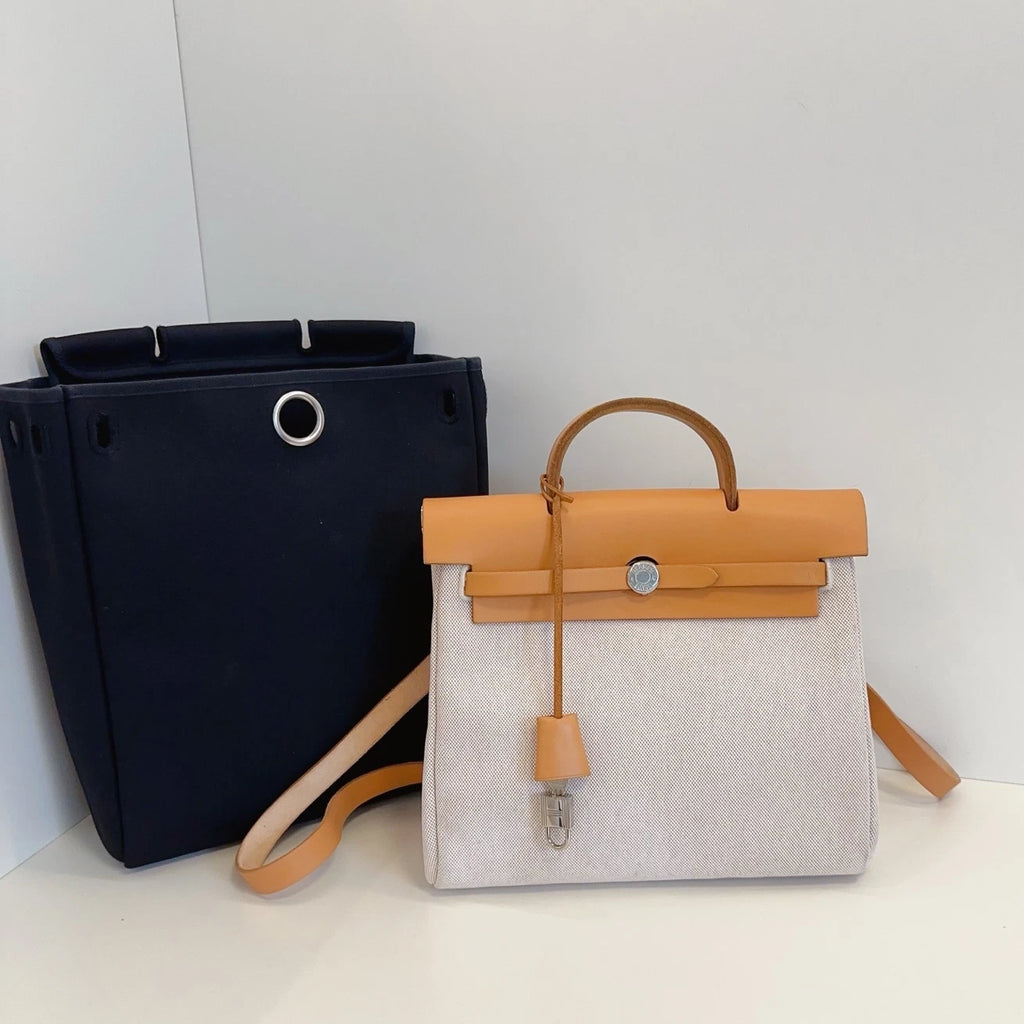 Hermes Herbag 31 Backpack Caramel Leather Silver Hardware Reversible Canvas