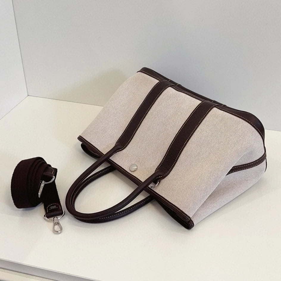 Hermes Garden Party30 Top Handle Shoulder Bag White Brown Silver Women Classic