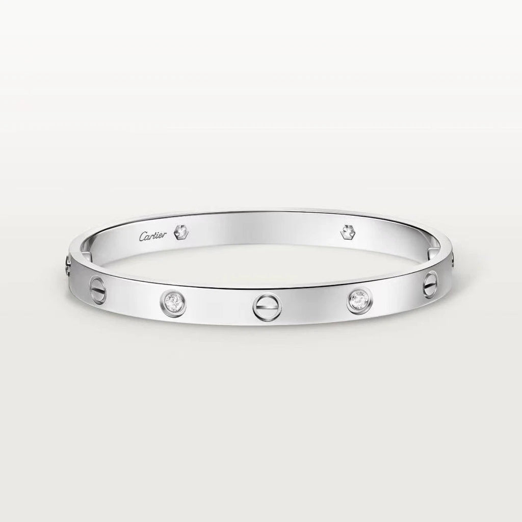 Cartier Love Classic Bangle Bracelet 4 Diamonds 18K White Gold Screw Size18