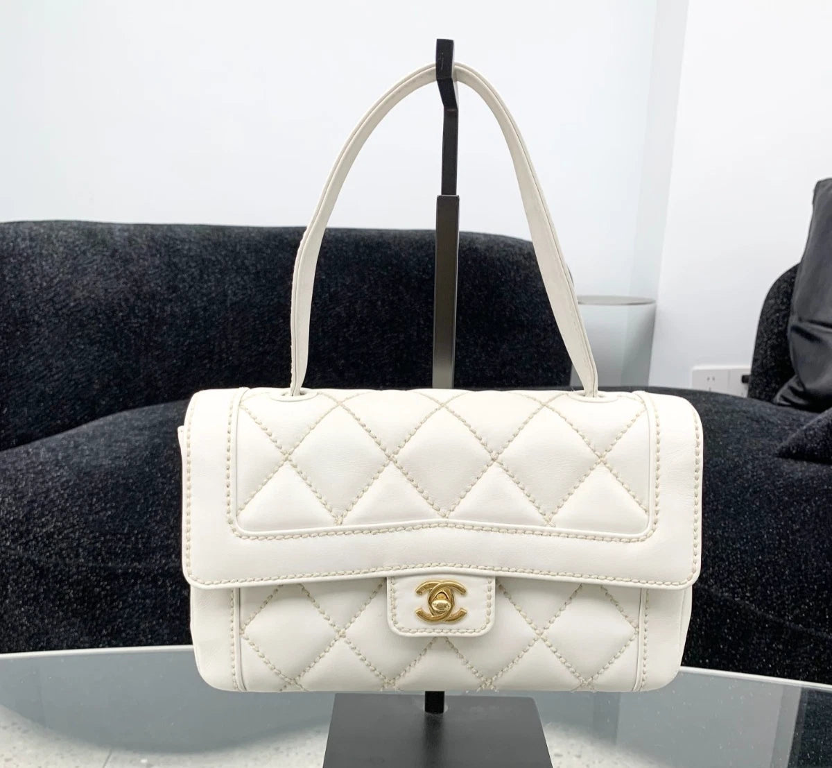 Chanel Calfskin Diamond Top Handle Bag Gold Hardware Women S