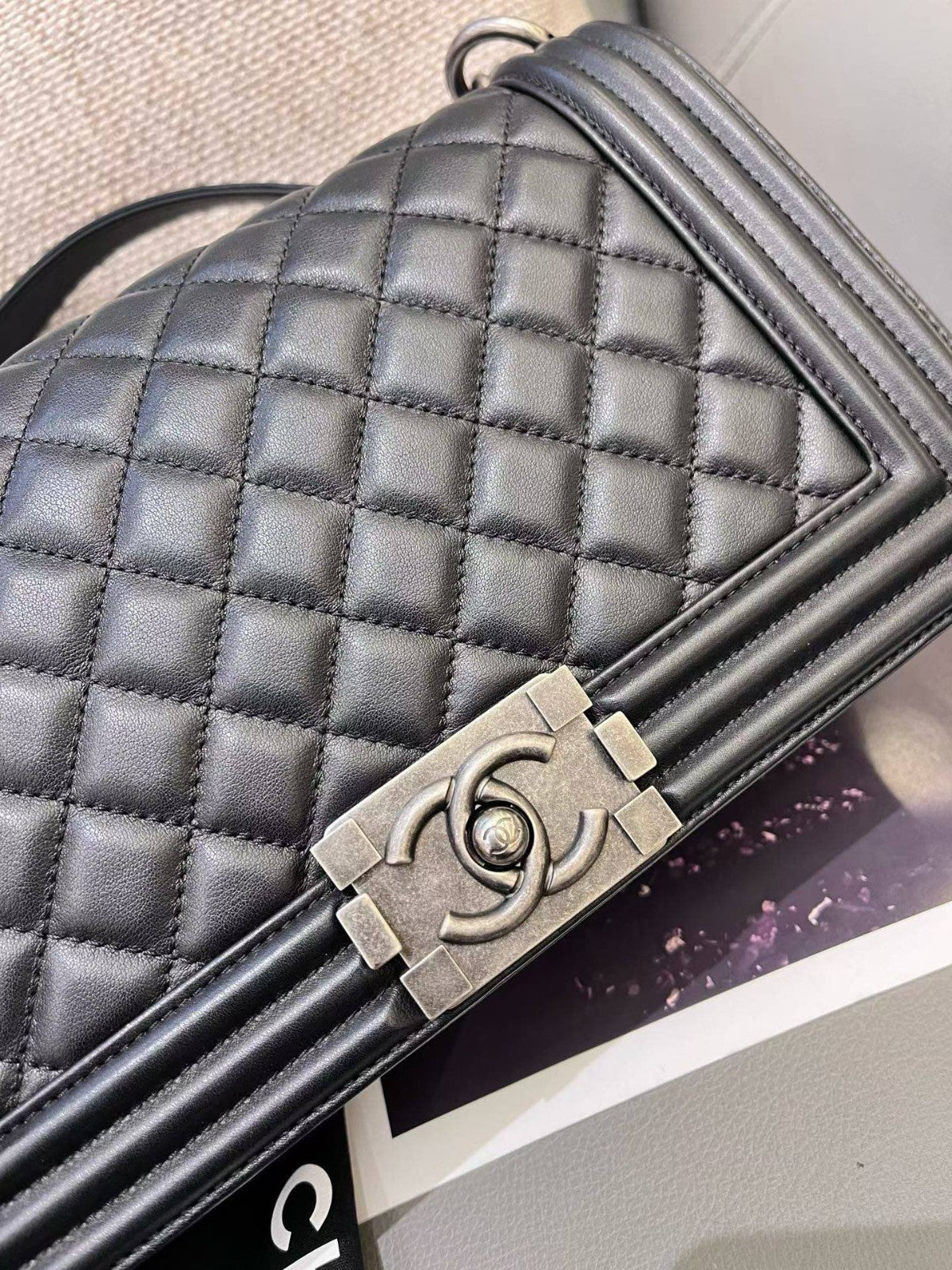 Chanel Leboy MM Calfskin Chain Shoulder Bag Crossbody Black Silver Women Classic