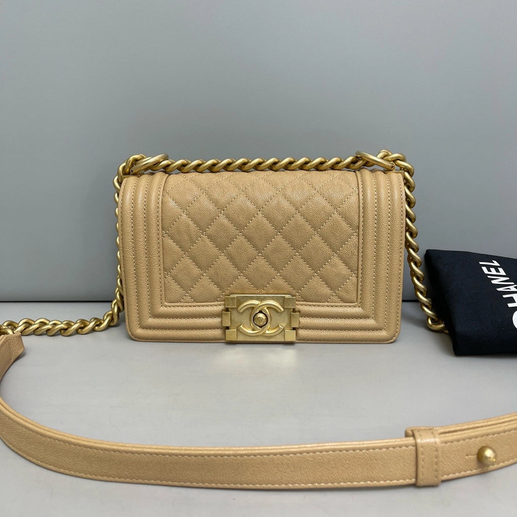 Chanel Leboy PM Calfskin Chain Shoulder Bag Crossbody Beige Gold Women Classic