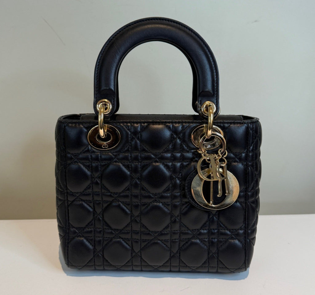 Christian Dior Lady Dior 2Way Top Handle Crossbody Black Gold Women Classic