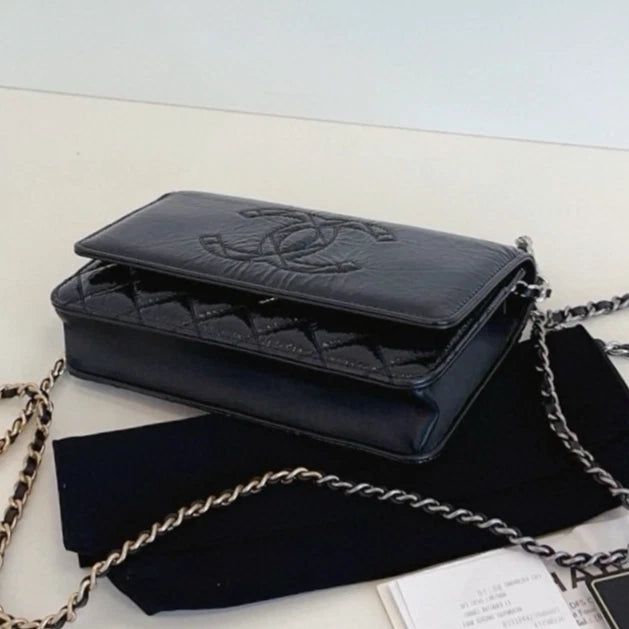 Chanel WOC Calfskin Chain Shoulder Bag Crossbody Black Gold Women Classic