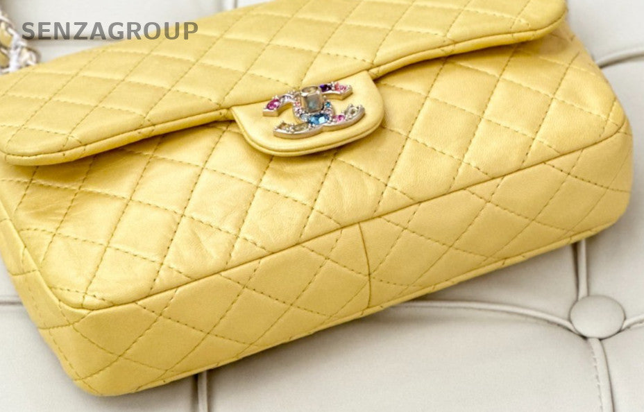 Chanel Classic Flap Lambskin Chain Shoulder Bag Yellow Used Women Designer