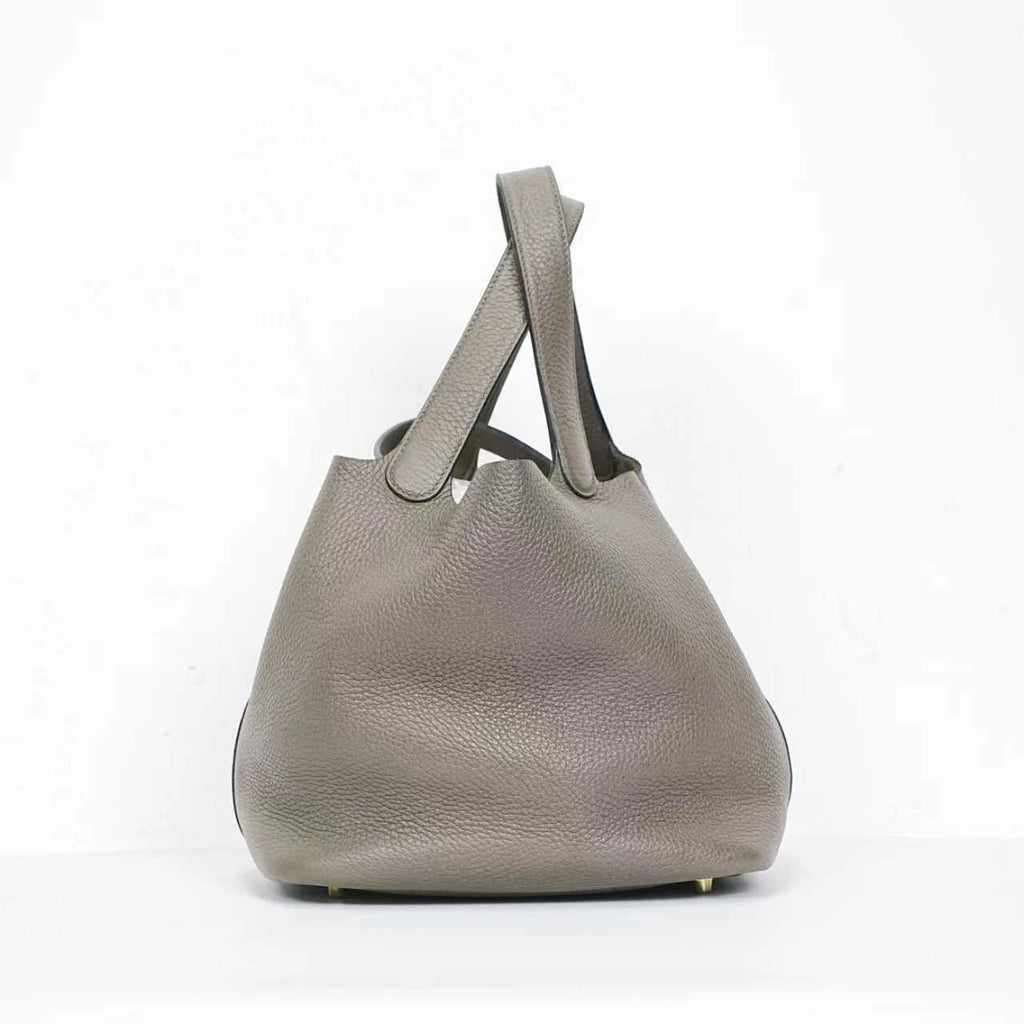 Hermes Picotin22 Gray Leather Gold Hardware Bucket Handbag Excellent