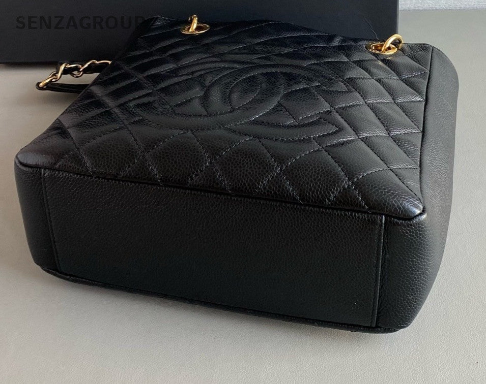 CHANEL PST Calfskin CC Chain Shoulder Handbag Women Black Gold