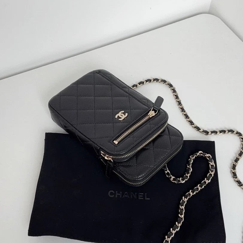 New Chanel Calfskin Phone Bag Gold Chain Black Crossbody Diamond